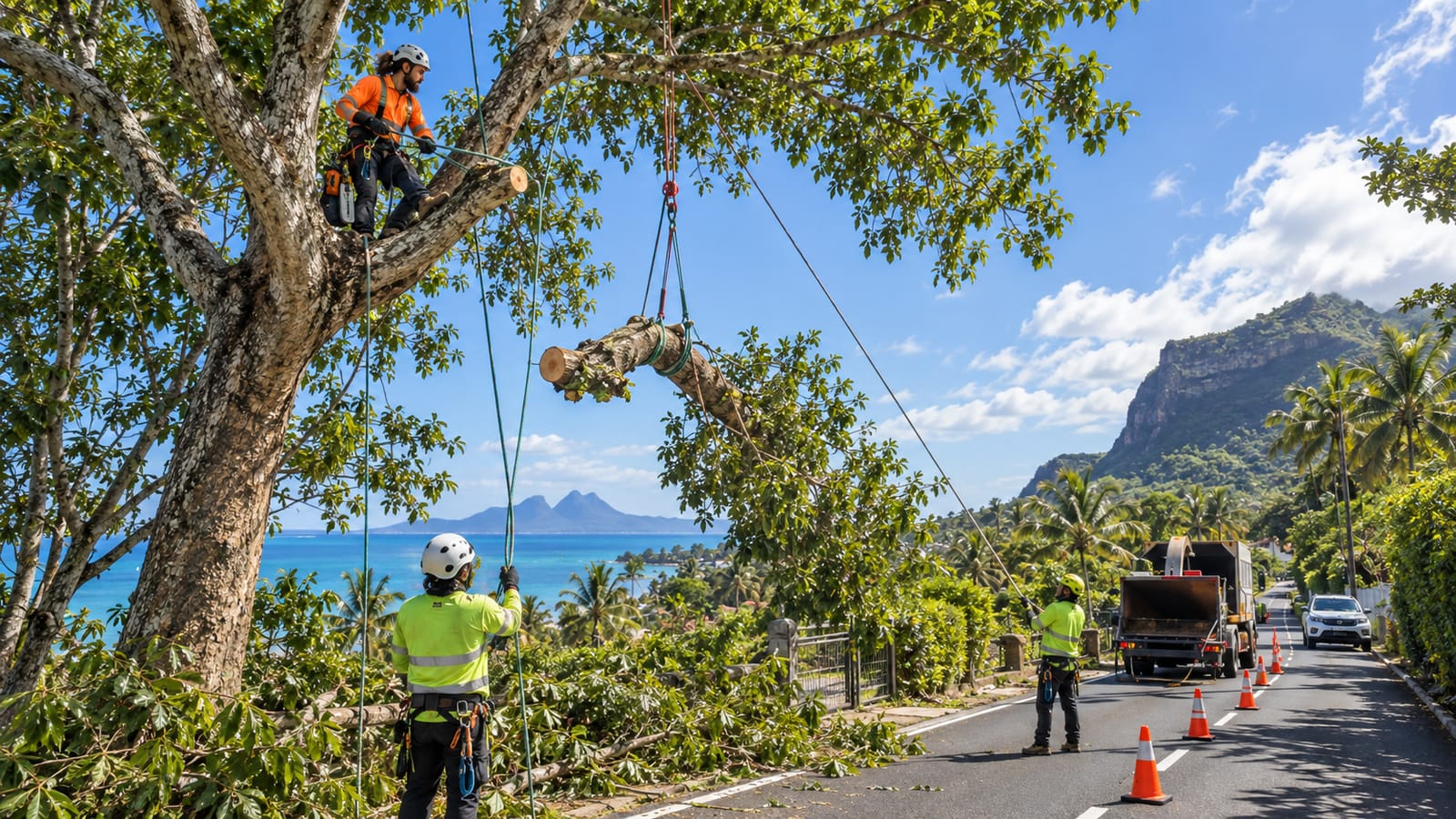 Chantier d’élagage au bord d’une route côtière, équipe au sol et broyeur